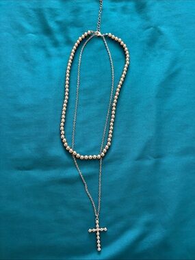 Silver Tone Beaded Cross Layered Necklace - Elegant Women’s Jewelry